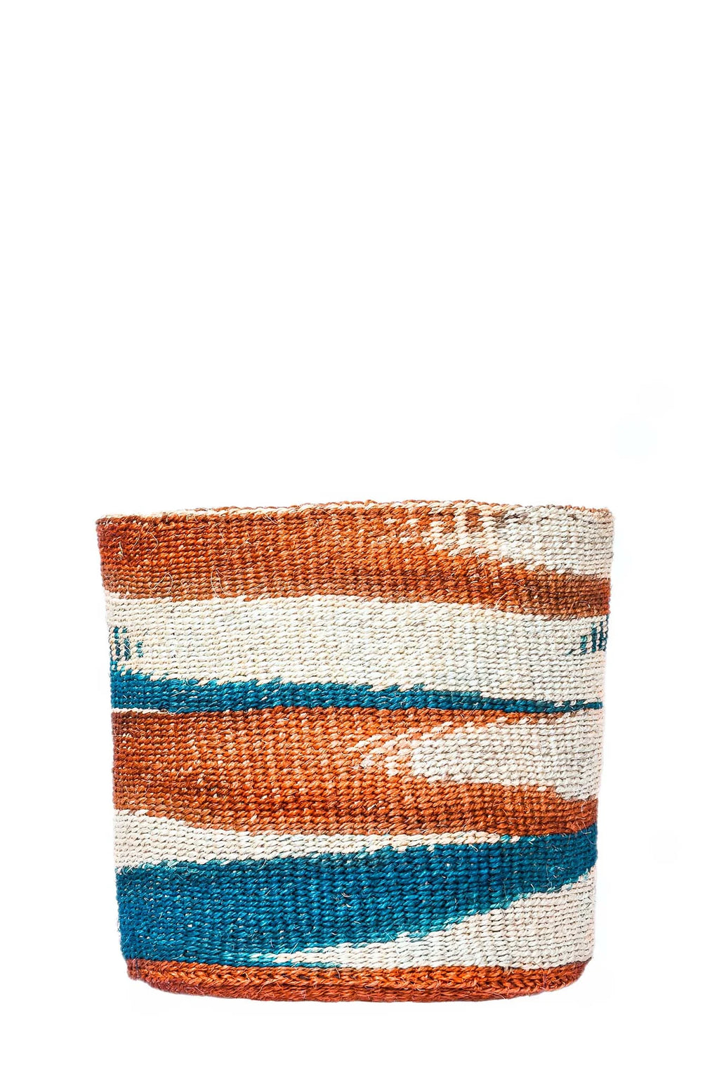 Woven basket with striped pattern on a white background