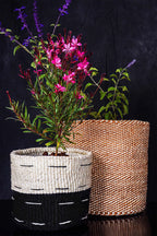 Two woven baskets with a plant and flowers on a dark background