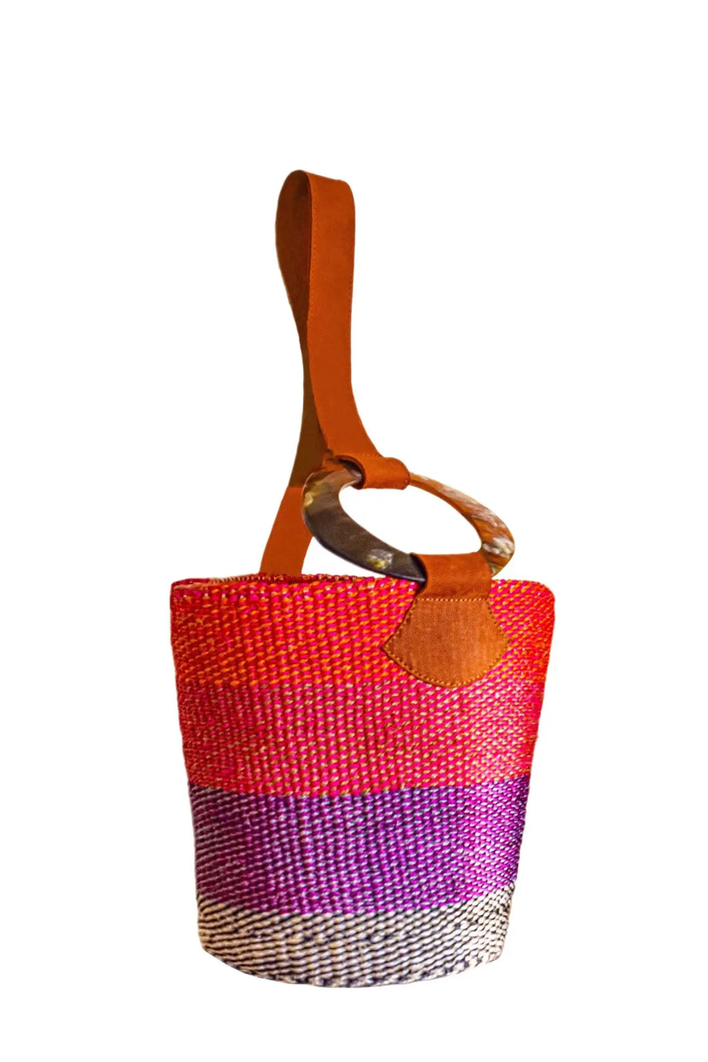Colorful woven bag with a brown handle on a white background
