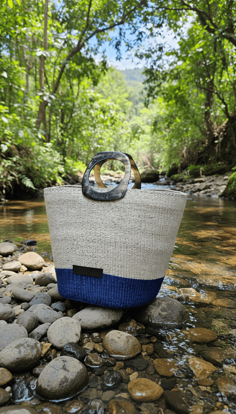 An artisan-made Tote bag with blue bottom section on a rocky stream with greenery