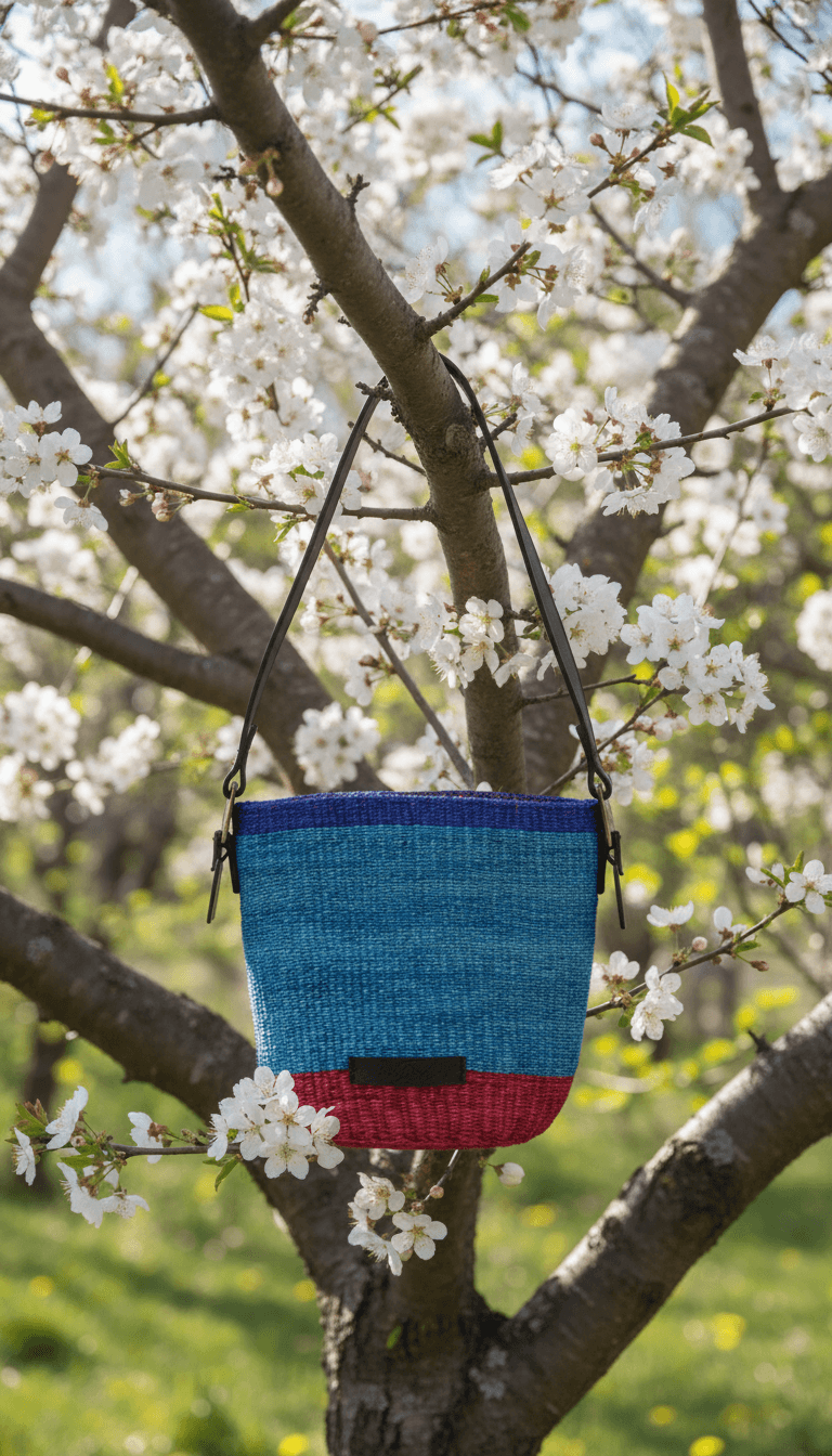 Colorful woven bag hanging from a tree branch with white blossoms